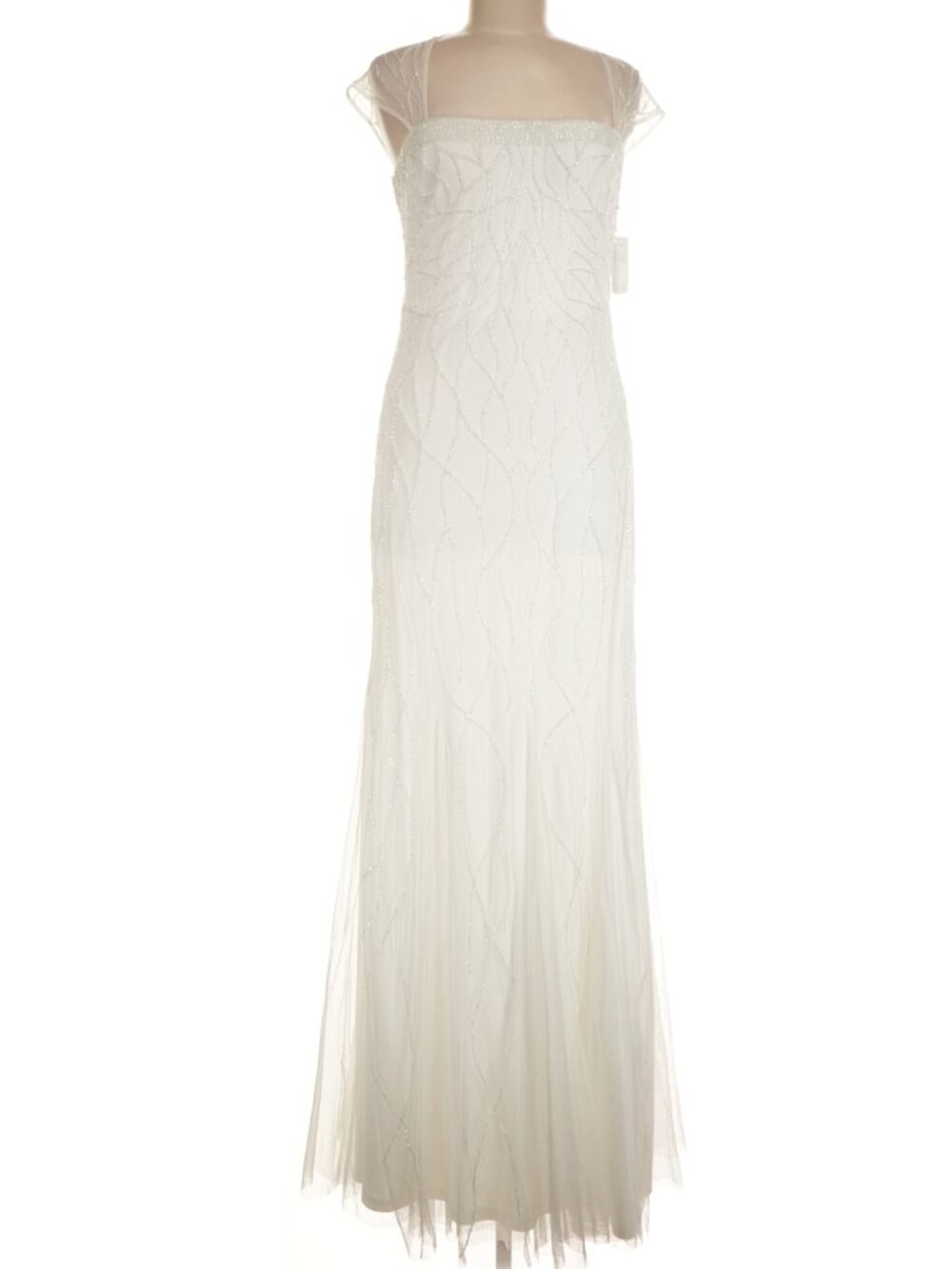 Adrianna Papell Ivory Hand-Beaded Illusion Mesh Cap Sleeve Column Gown - Size 8